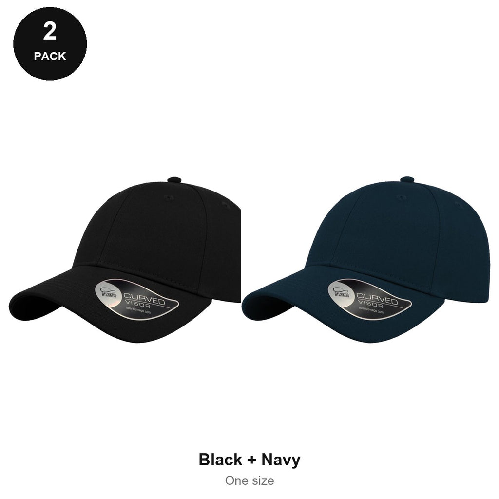 6 Panel Structured Caps 2 Pack - Cotton twill, One Size - Black + Navy