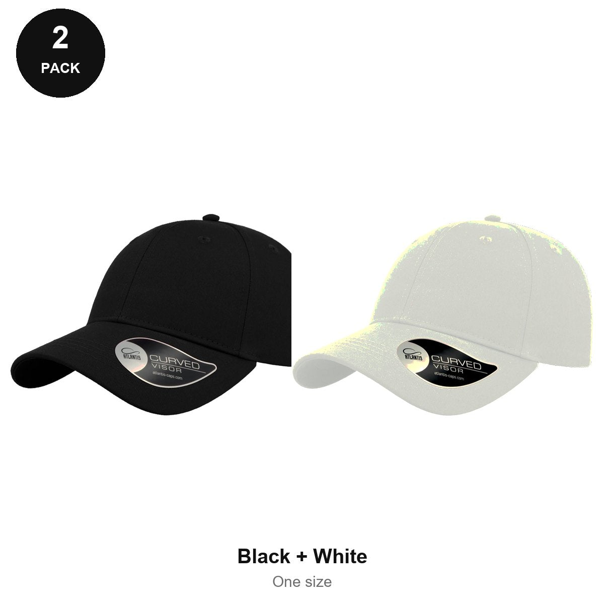 6 Panel Structured Caps 2 Pack - Cotton twill, One Size - Black + White
