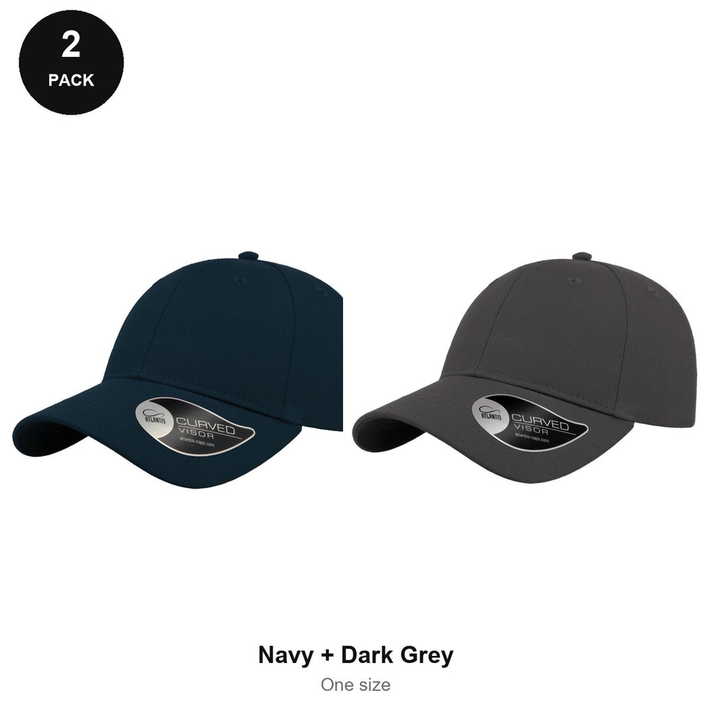 6 Panel Structured Caps 2 Pack - Cotton twill, One Size - Navy + Dark Grey