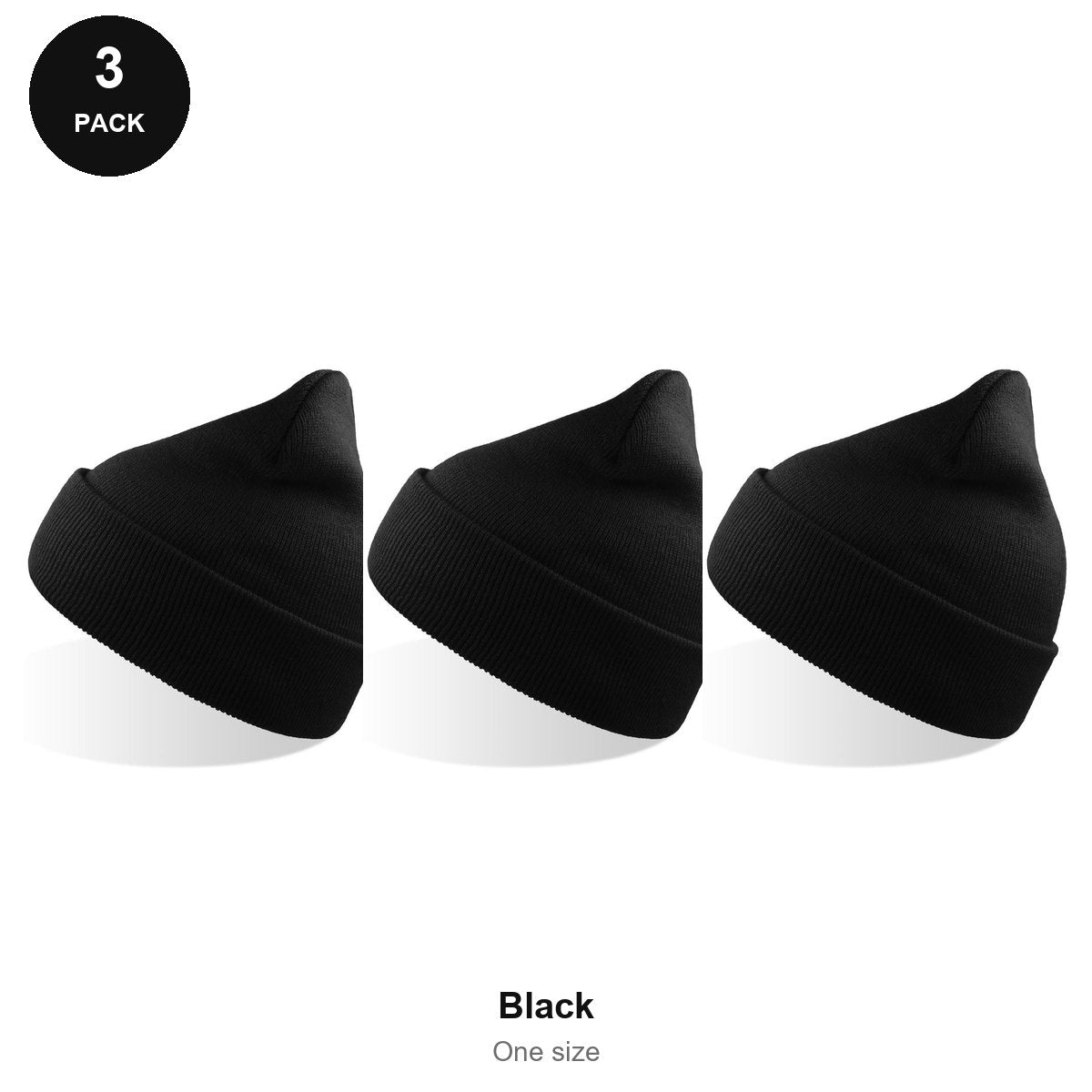 Beanie Hats 3 Pack - 100% recycled polyester knit, One Size - Black