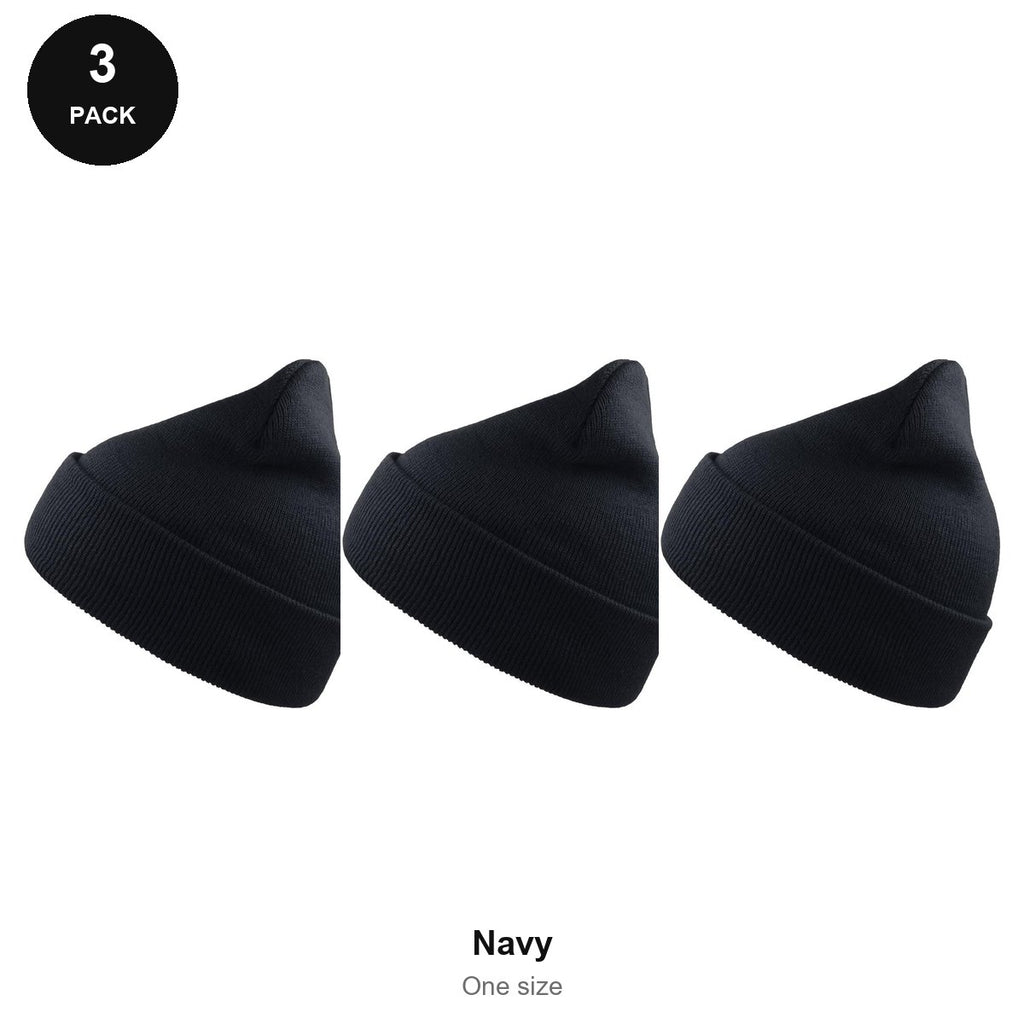 Beanie Hats 3 Pack - 100% recycled polyester knit, One Size - Navy