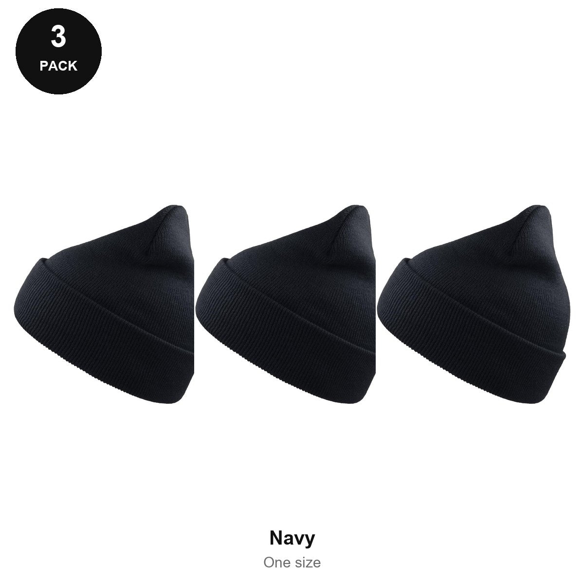 Beanie Hats 3 Pack - 100% recycled polyester knit, One Size - Navy