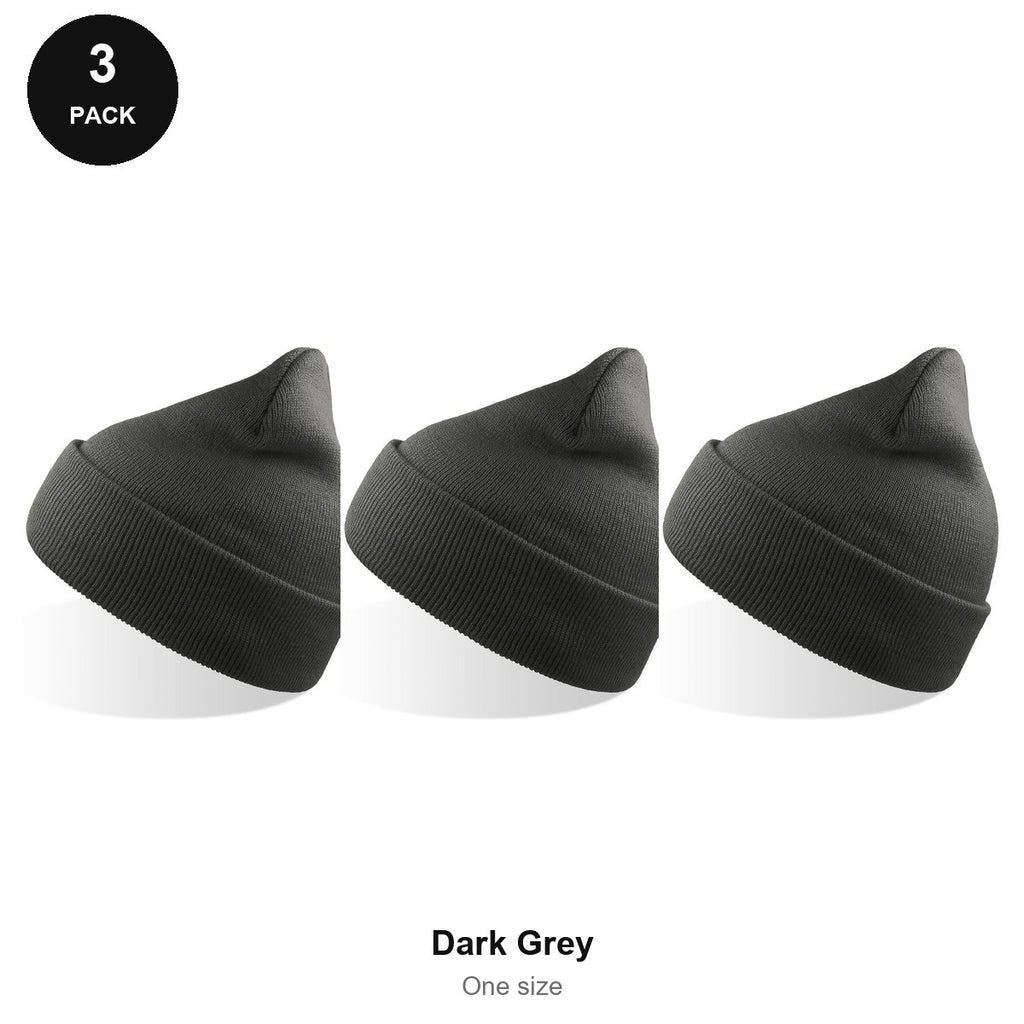 Beanie Hats 3 Pack - 100% recycled polyester knit, One Size - Dark Grey