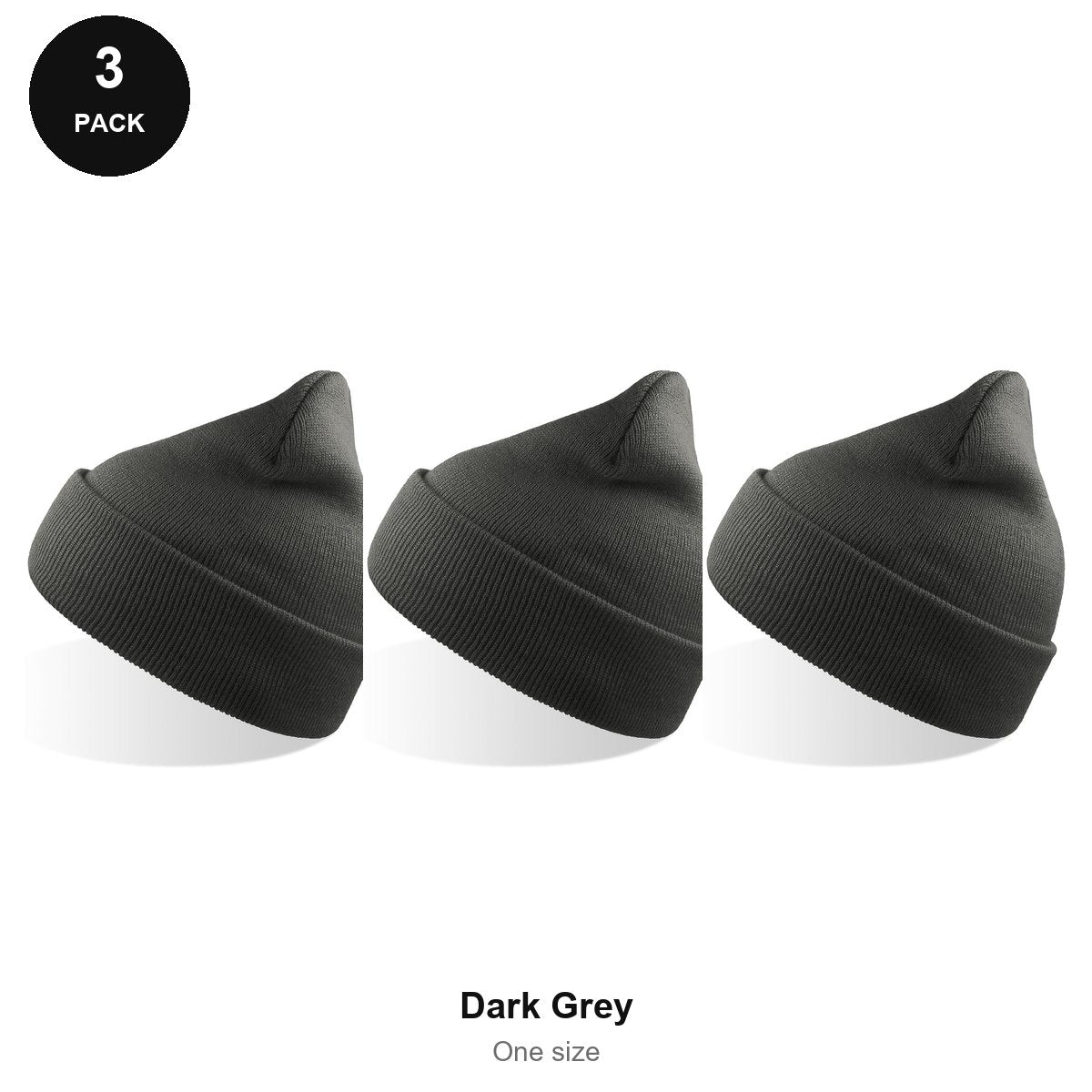 Beanie Hats 3 Pack - 100% recycled polyester knit, One Size - Dark Grey