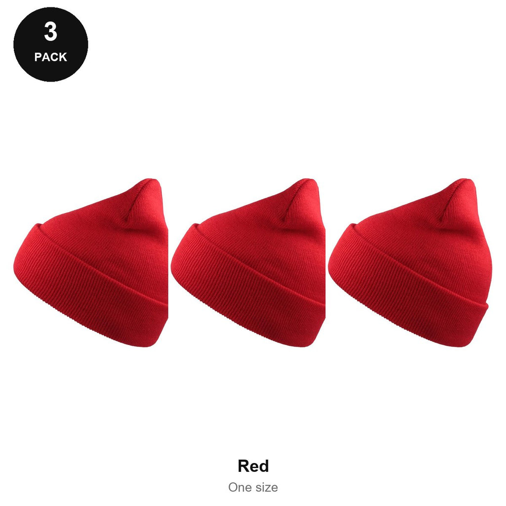 Beanie Hats 3 Pack - 100% recycled polyester knit, One Size - Red
