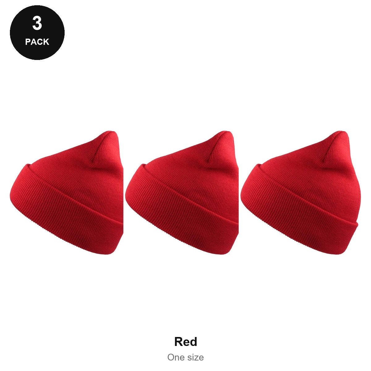 Beanie Hats 3 Pack - 100% recycled polyester knit, One Size - Red