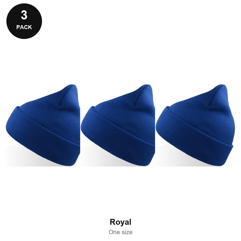 Beanie Hats 3 Pack - 100% recycled polyester knit, One Size - Royal