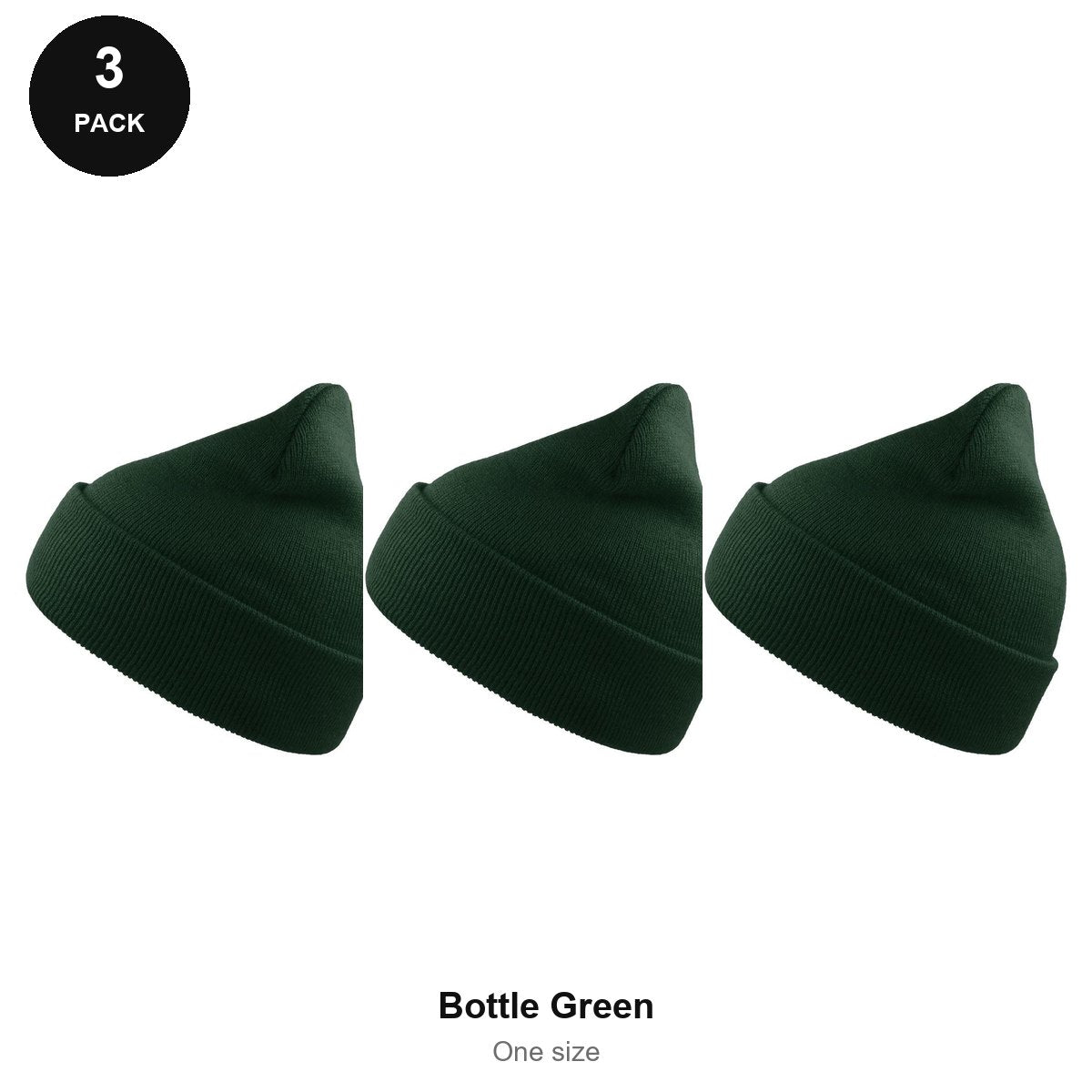 Beanie Hats 3 Pack - 100% recycled polyester knit, One Size - Bottle Green