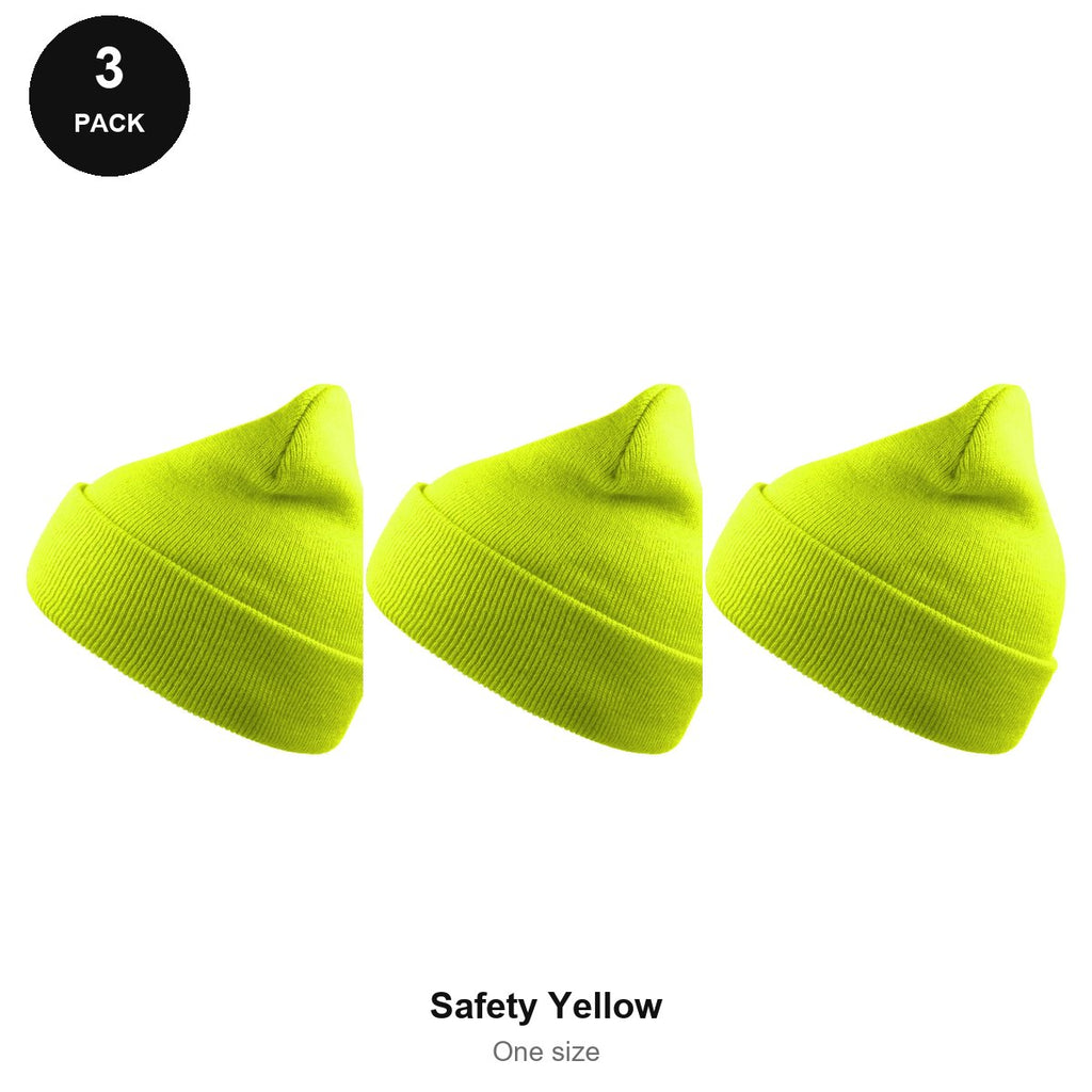 Beanie Hats 3 Pack - 100% recycled polyester knit, One Size - Safety Yellow