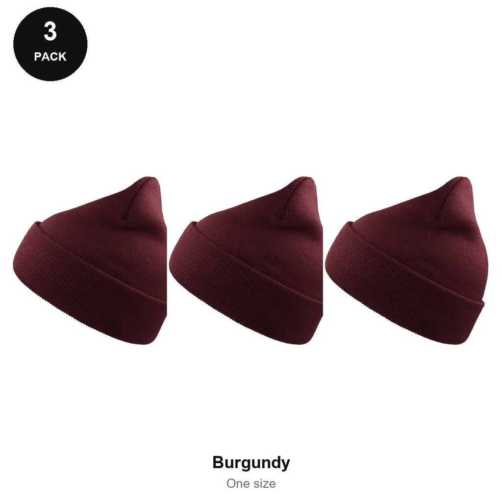 Beanie Hats 3 Pack - 100% recycled polyester knit, One Size - Burgundy