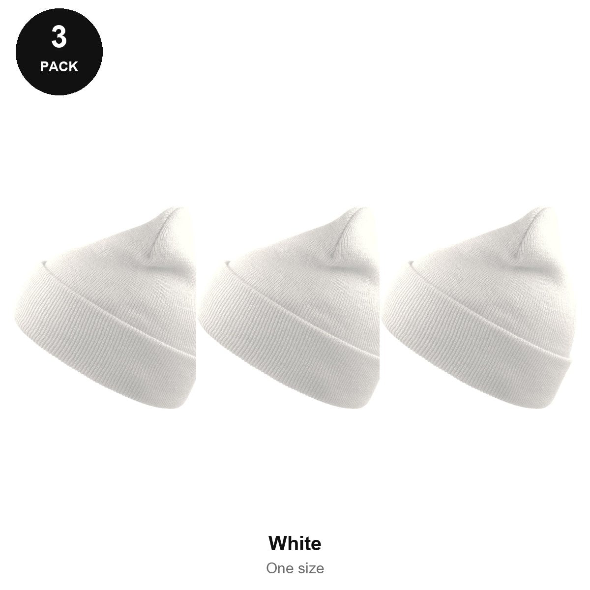 Beanie Hats 3 Pack - 100% recycled polyester knit, One Size - White