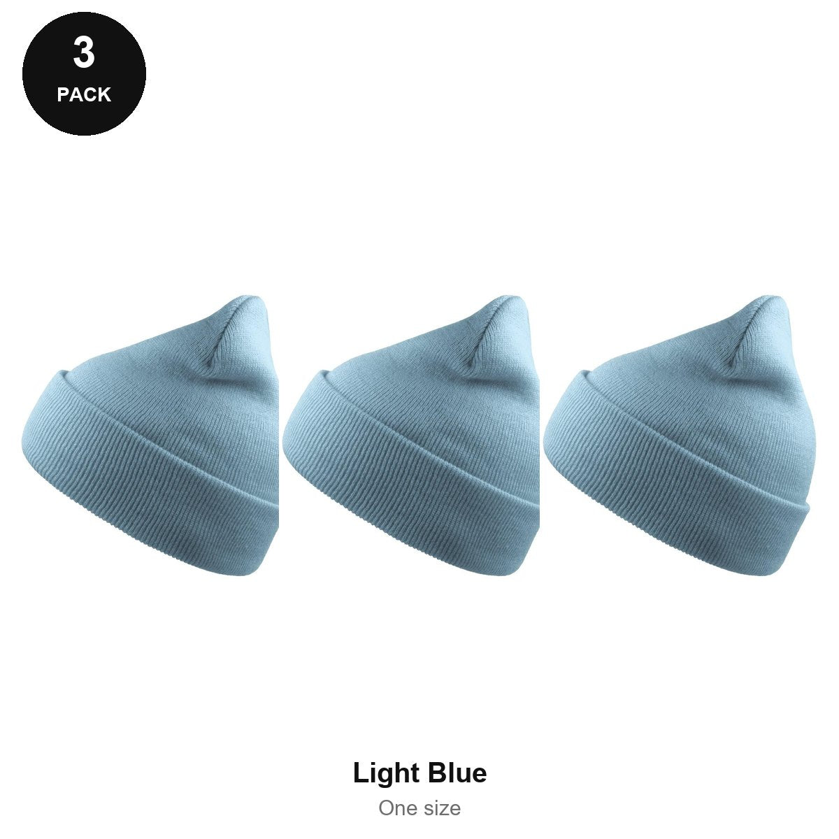 Beanie Hats 3 Pack - 100% recycled polyester knit, One Size - Light Blue