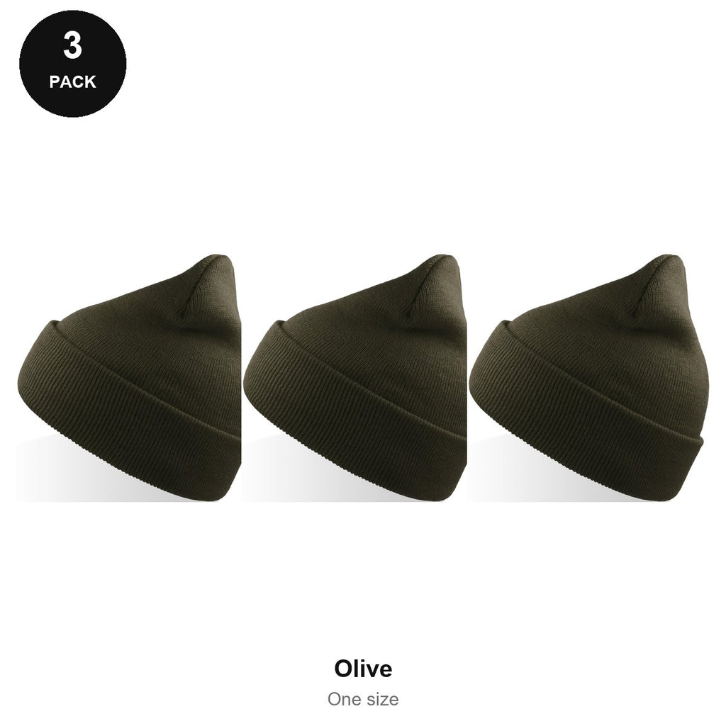 Beanie Hats 3 Pack - 100% recycled polyester knit, One Size - Olive