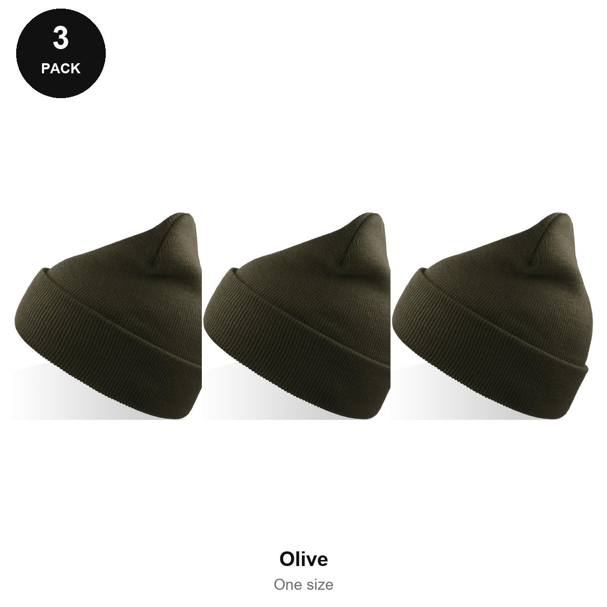 Beanie Hats 3 Pack - 100% recycled polyester knit, One Size - Olive