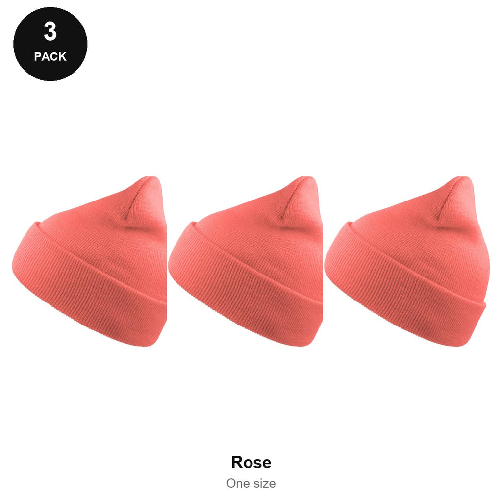Beanie Hats 3 Pack - 100% recycled polyester knit, One Size - Rose