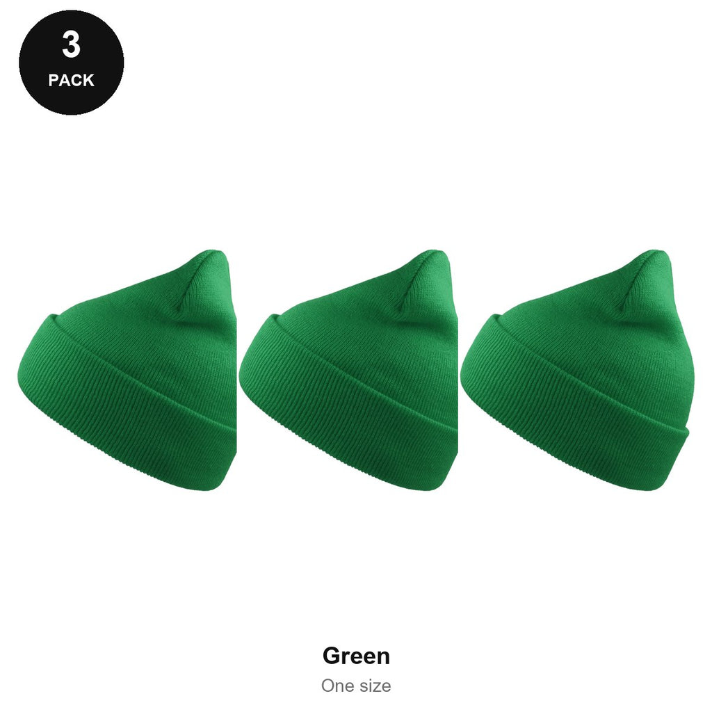 Beanie Hats 3 Pack - 100% recycled polyester knit, One Size - Green