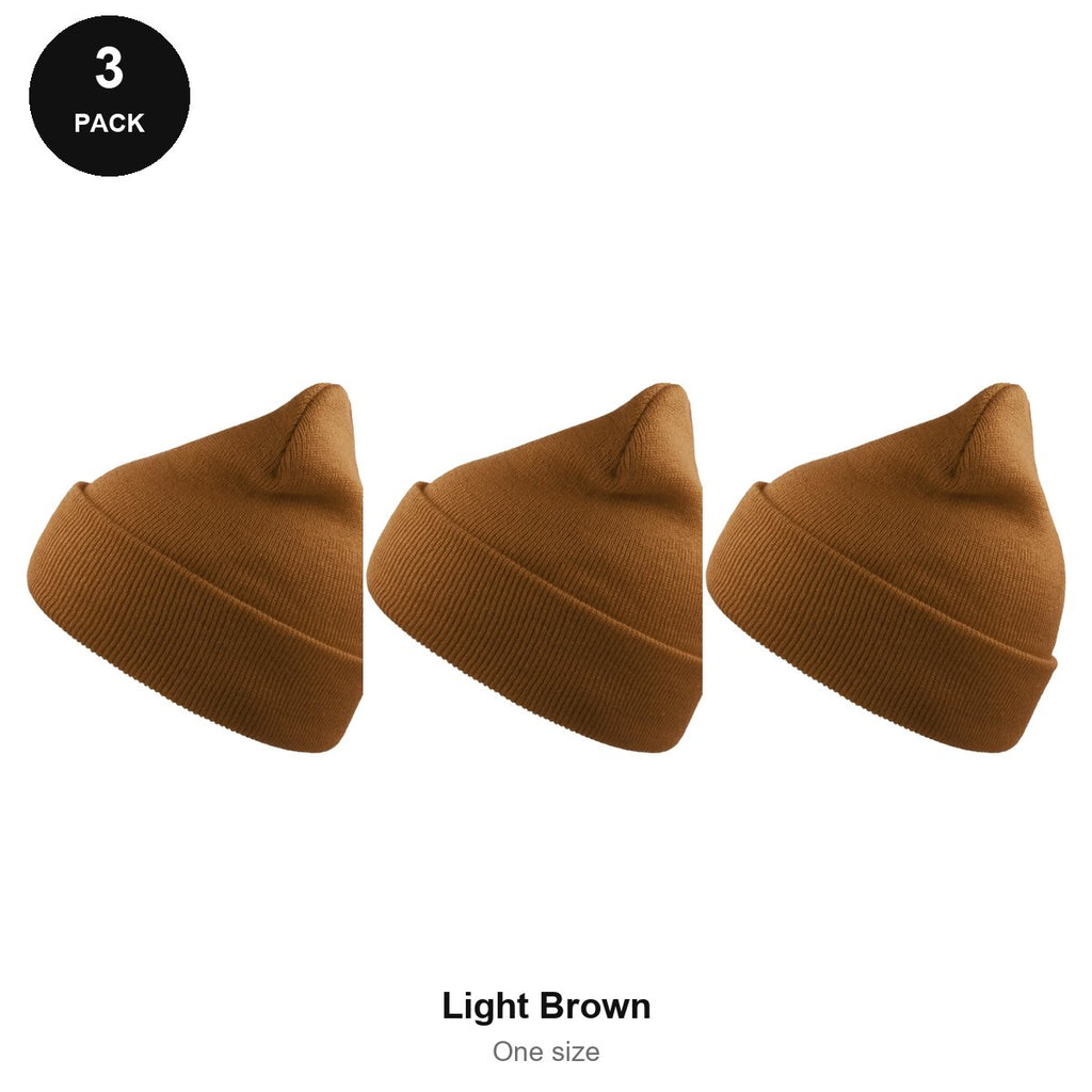 Beanie Hats 3 Pack - 100% recycled polyester knit, One Size - Light Brown