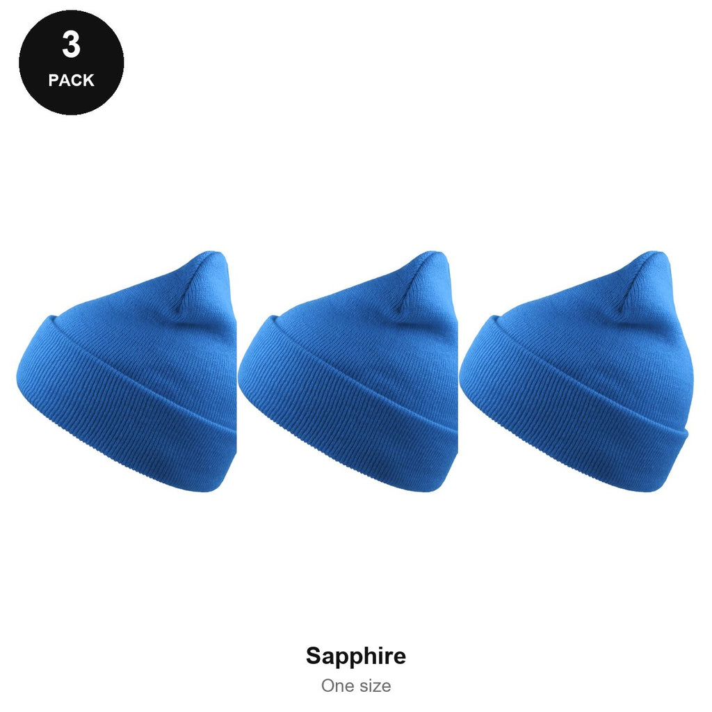 Beanie Hats 3 Pack - 100% recycled polyester knit, One Size - Sapphire