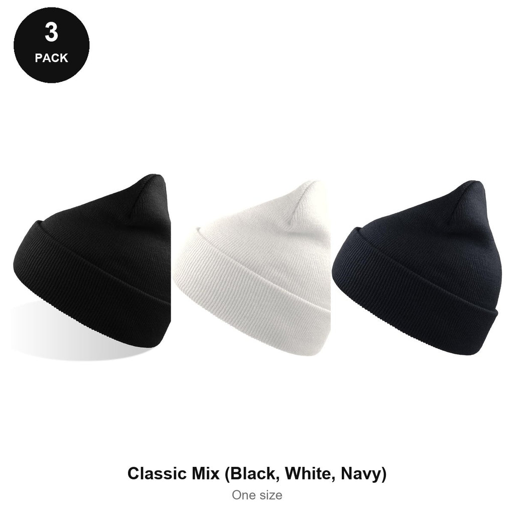 Beanie Hats 3 Pack - 100% recycled polyester knit, One Size - Classic Mix (Black, White, Navy)