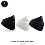 Beanie Hats 3 Pack - 100% recycled polyester knit, One Size - Classic Mix (Black, White, Navy)