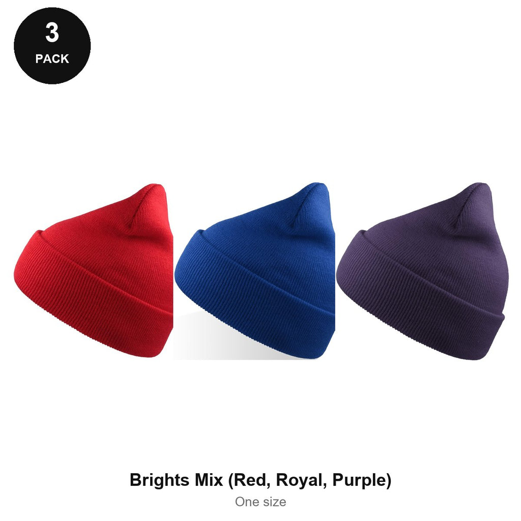 Beanie Hats 3 Pack - 100% recycled polyester knit, One Size - Brights Mix (Red, Royal, Purple)