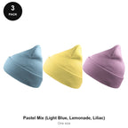 Beanie Hats 3 Pack - 100% recycled polyester knit, One Size - Pastel Mix (Light Blue, Lemonade, Liliac)