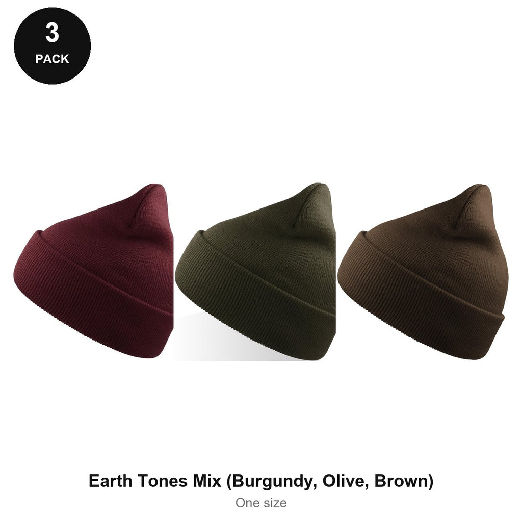 Beanie Hats 3 Pack - 100% recycled polyester knit, One Size - Earth Tones Mix (Burgundy, Olive, Brown)