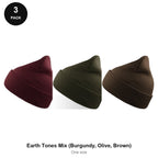 Beanie Hats 3 Pack - 100% recycled polyester knit, One Size - Earth Tones Mix (Burgundy, Olive, Brown)
