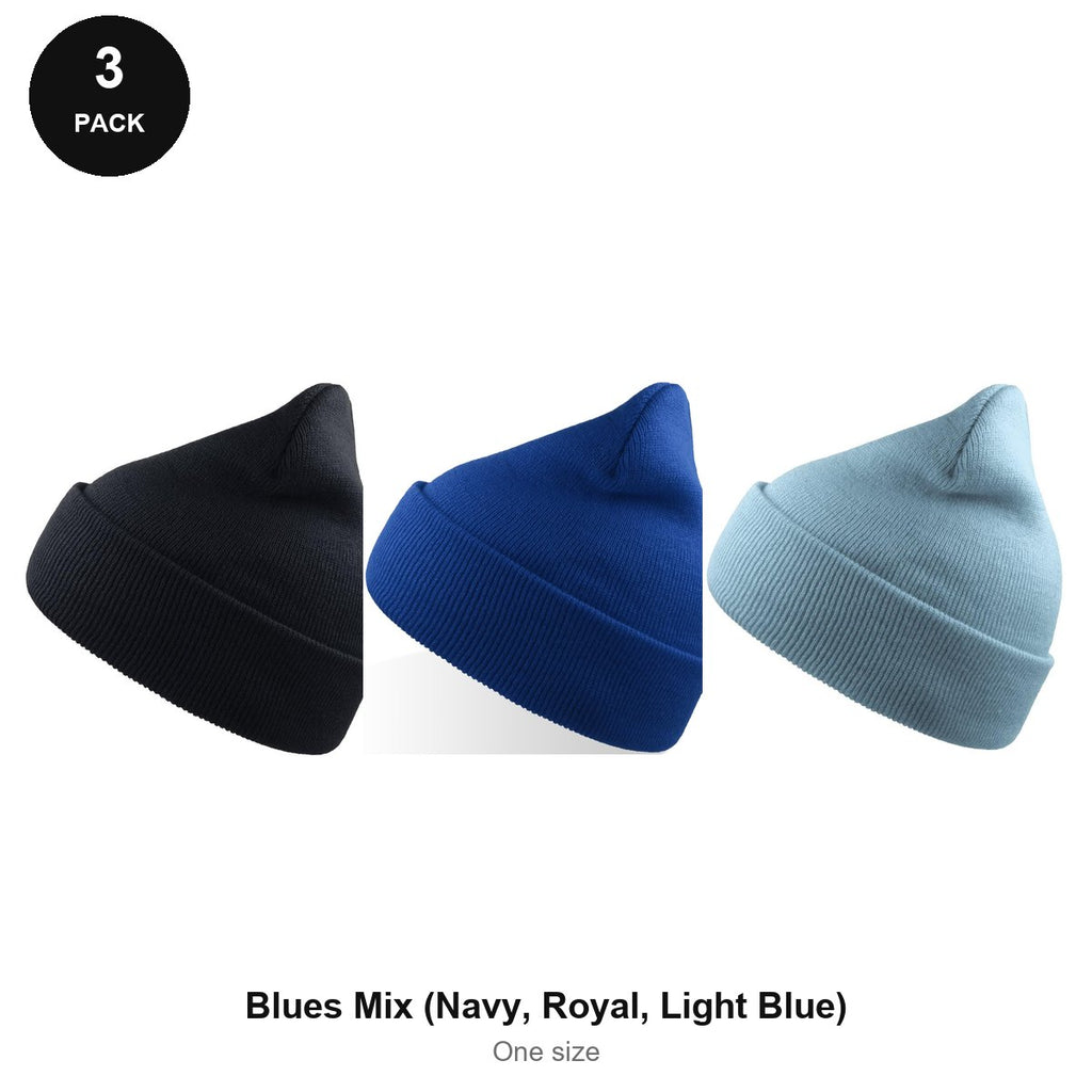 Beanie Hats 3 Pack - 100% recycled polyester knit, One Size - Blues Mix (Navy, Royal, Light Blue)