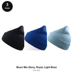 Beanie Hats 3 Pack - 100% recycled polyester knit, One Size - Blues Mix (Navy, Royal, Light Blue)