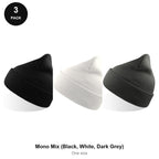 Beanie Hats 3 Pack - 100% recycled polyester knit, One Size - Mono Mix (Black, White, Dark Grey)
