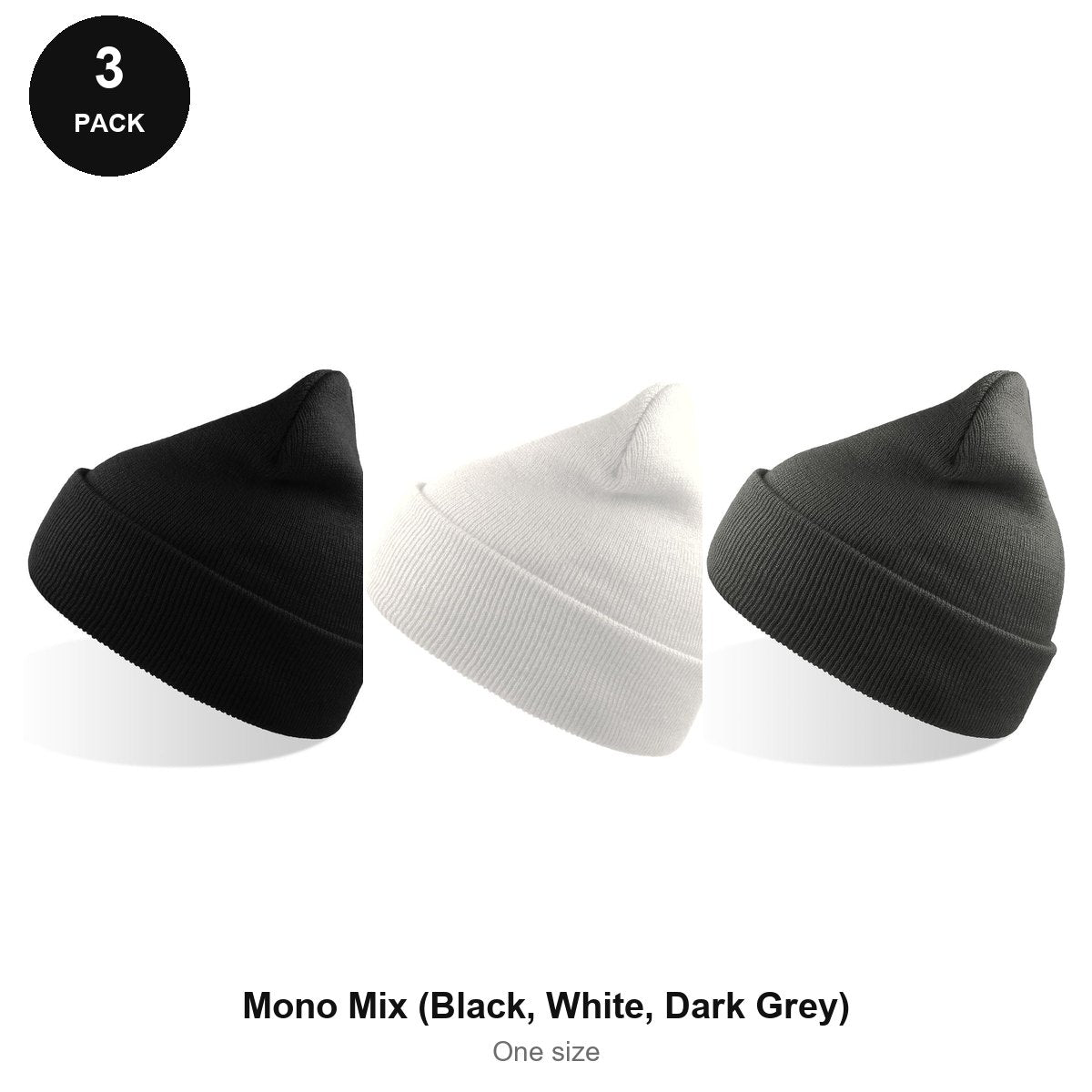 Beanie Hats 3 Pack - 100% recycled polyester knit, One Size - Mono Mix (Black, White, Dark Grey)