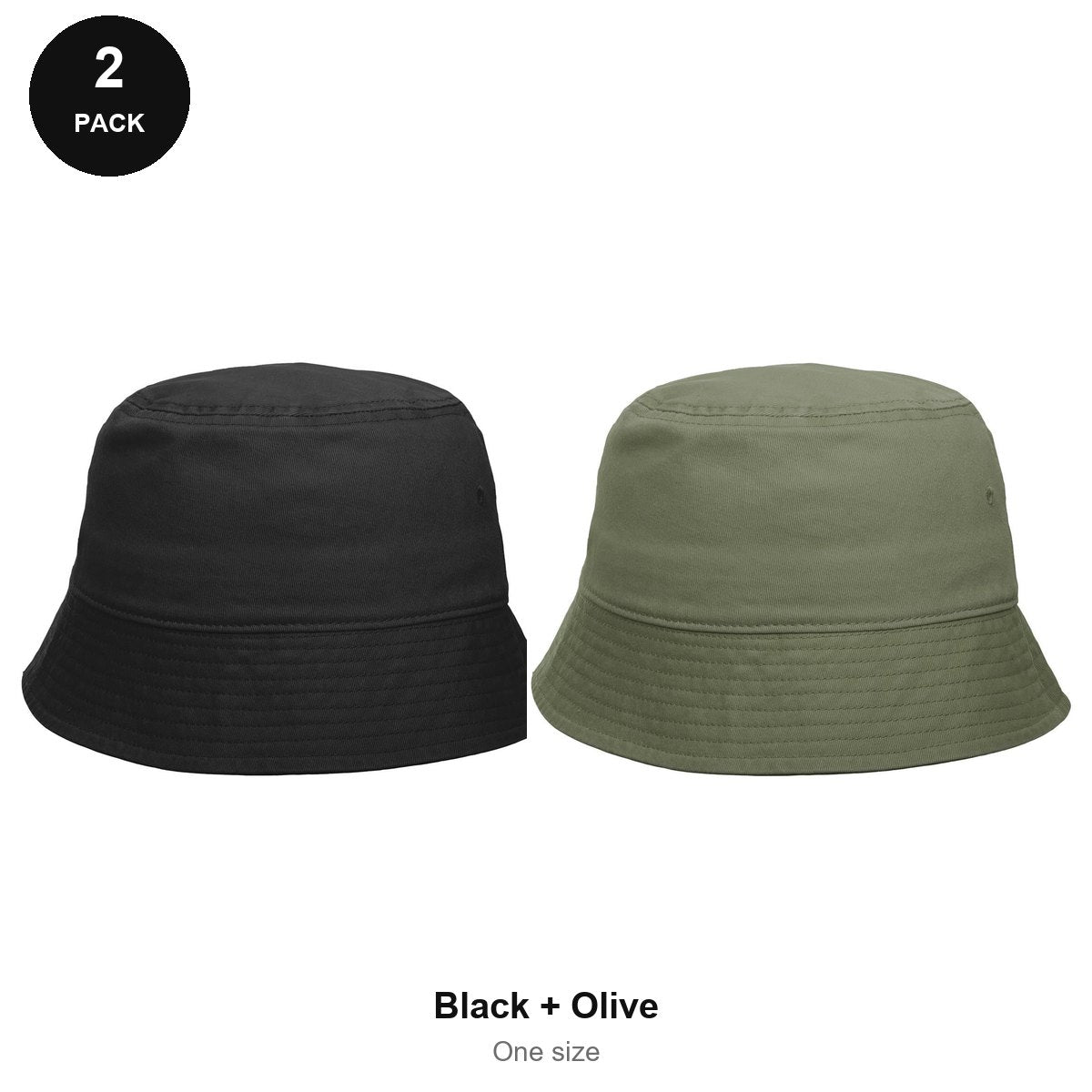 Bucket Hats 2 Pack - Cotton, One Size - Black + Olive