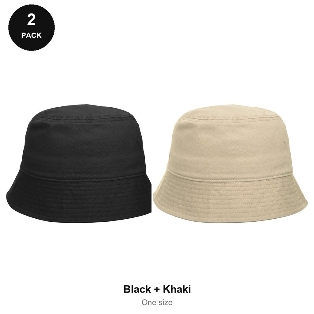 Bucket Hats 2 Pack - Cotton, One Size - Black + Khaki