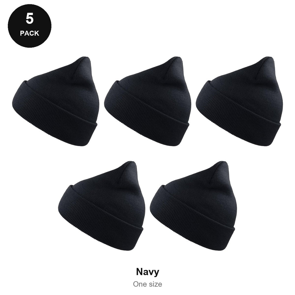 Beanie Hats 5 Pack - 100% recycled polyester knit, One Size - Navy