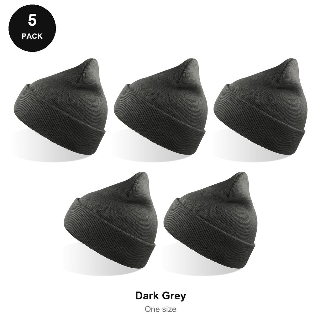Beanie Hats 5 Pack - 100% recycled polyester knit, One Size - Dark Grey