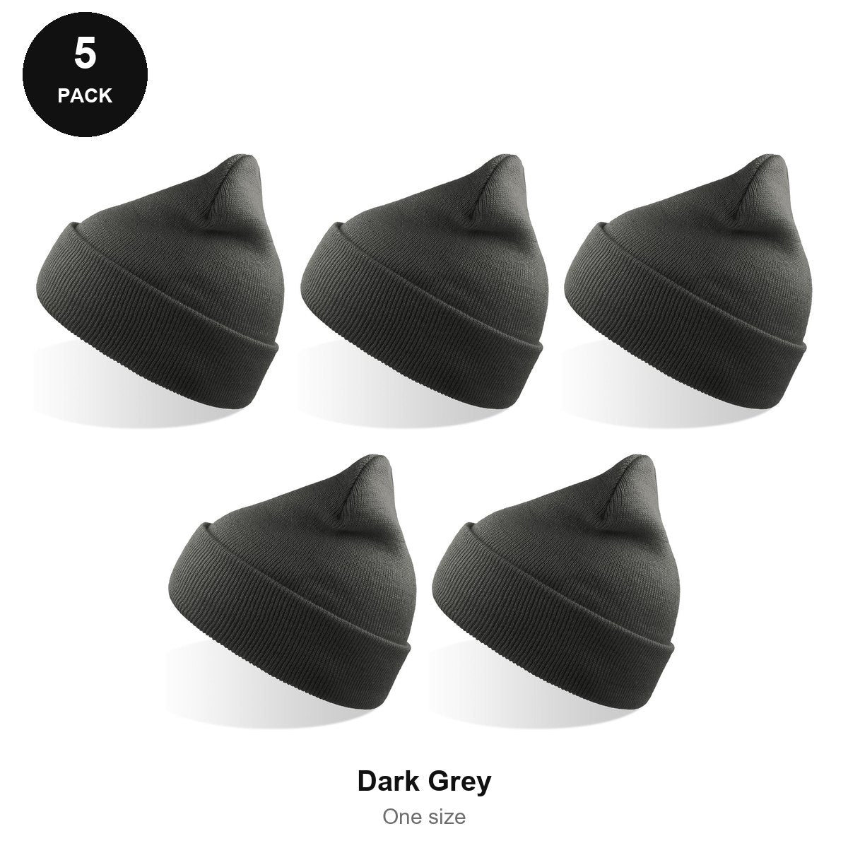Beanie Hats 5 Pack - 100% recycled polyester knit, One Size - Dark Grey