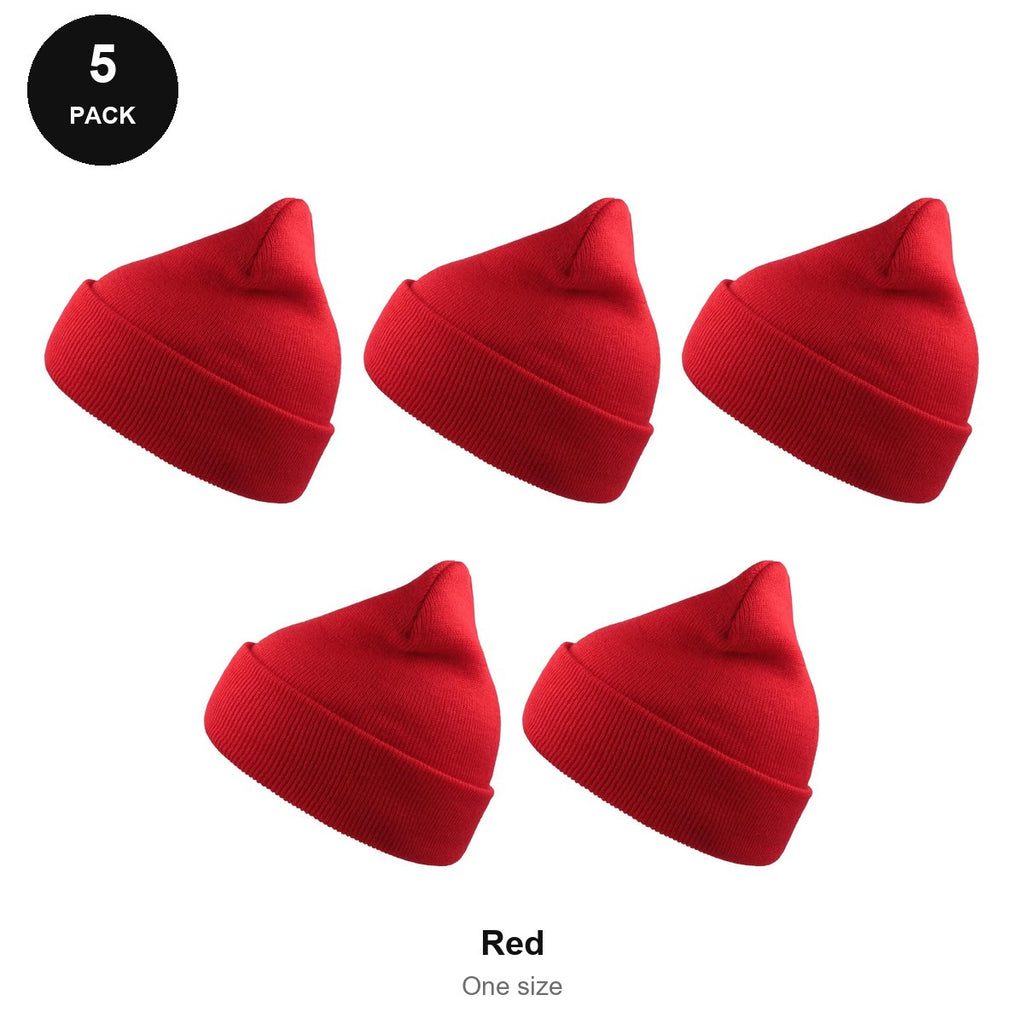 Beanie Hats 5 Pack - 100% recycled polyester knit, One Size - Red