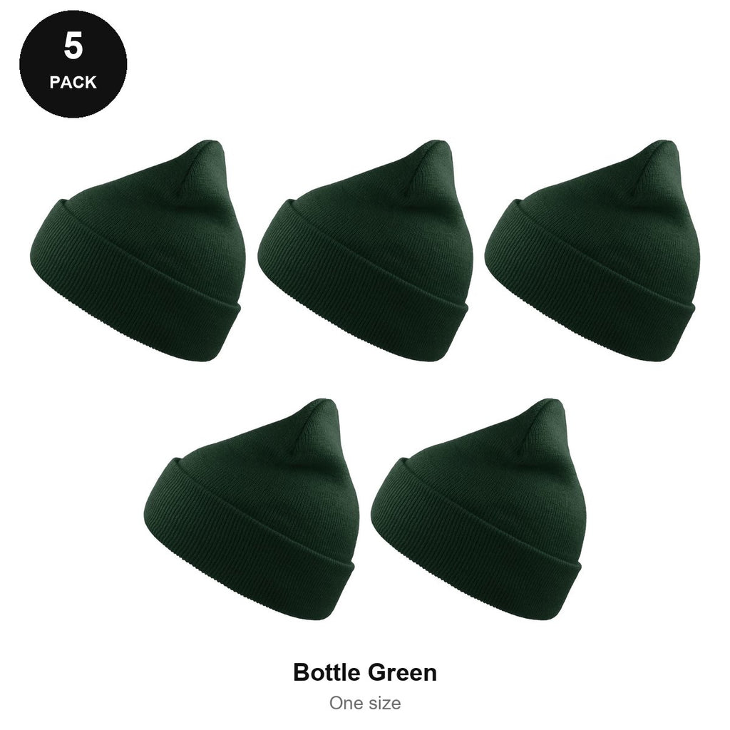 Beanie Hats 5 Pack - 100% recycled polyester knit, One Size - Bottle Green