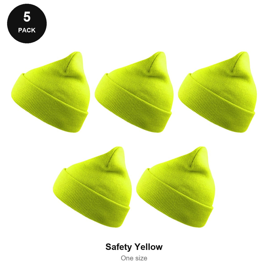 Beanie Hats 5 Pack - 100% recycled polyester knit, One Size - Safety Yellow