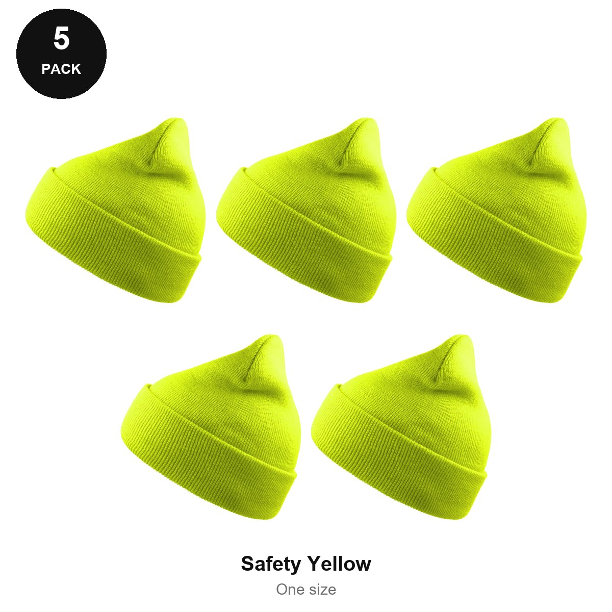 Beanie Hats 5 Pack - 100% recycled polyester knit, One Size - Safety Yellow