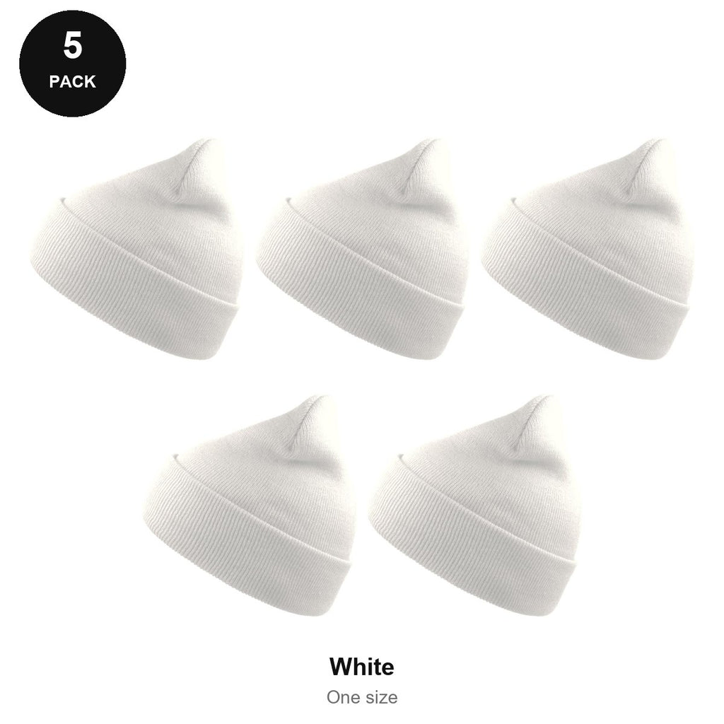 Beanie Hats 5 Pack - 100% recycled polyester knit, One Size - White