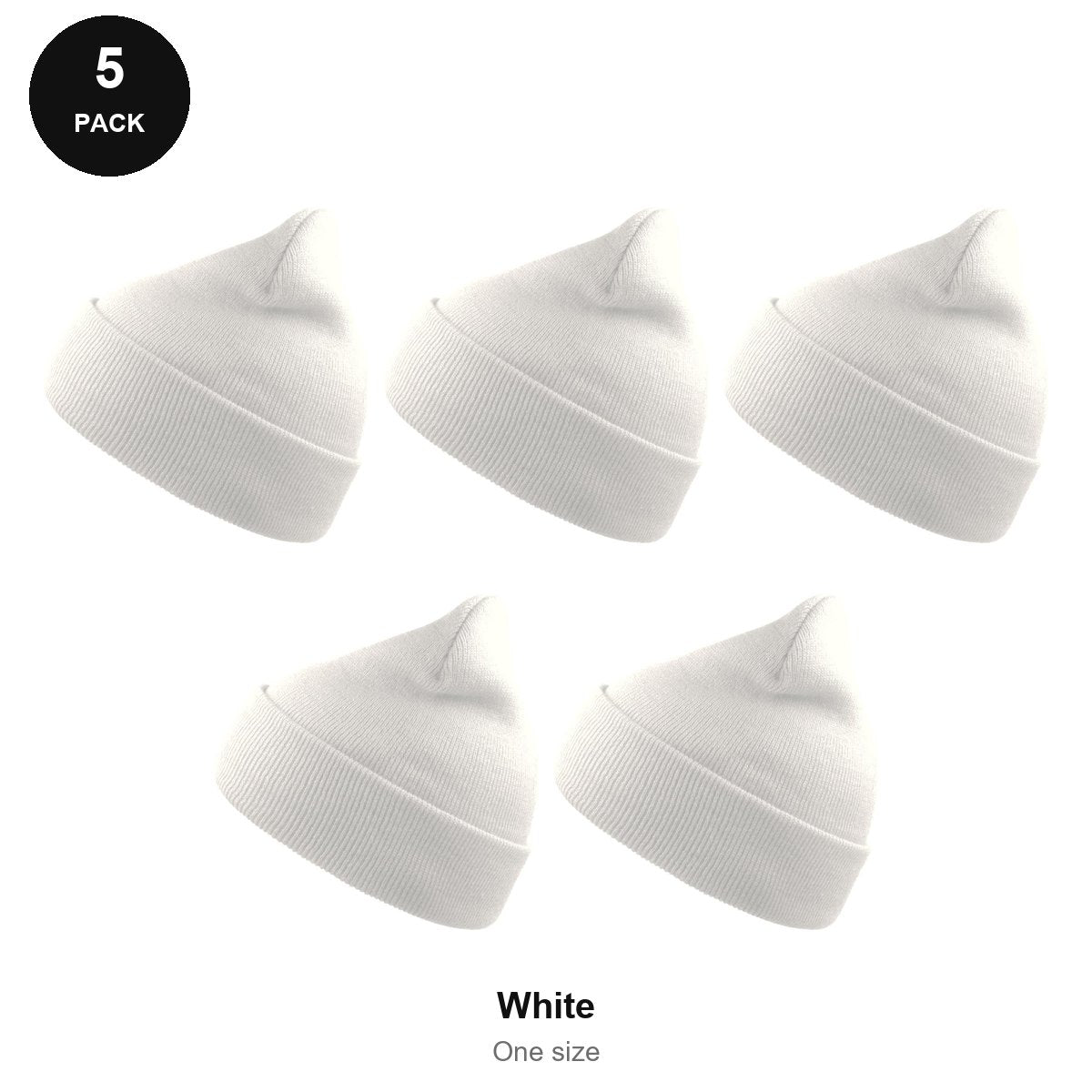 Beanie Hats 5 Pack - 100% recycled polyester knit, One Size - White