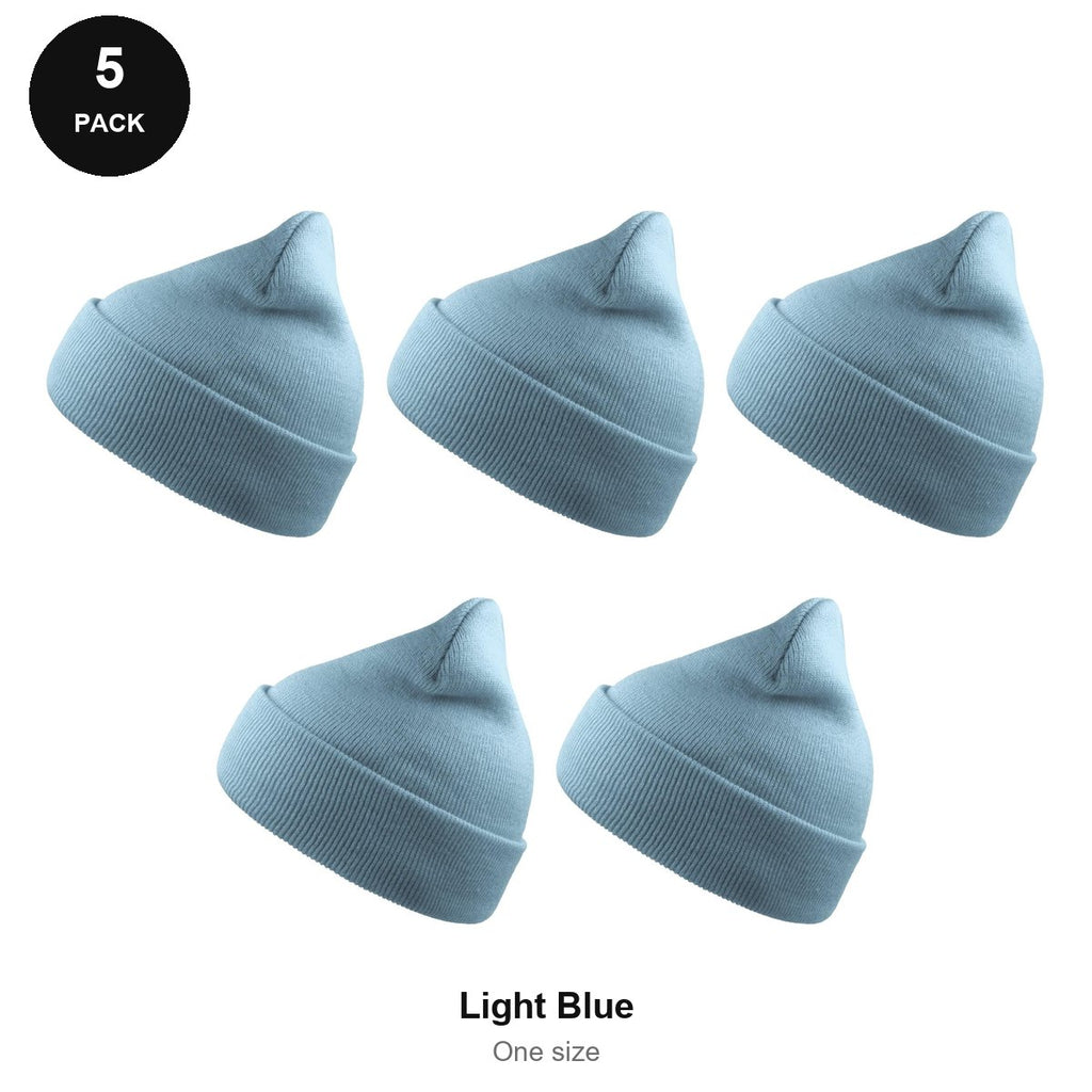 Beanie Hats 5 Pack - 100% recycled polyester knit, One Size - Light Blue
