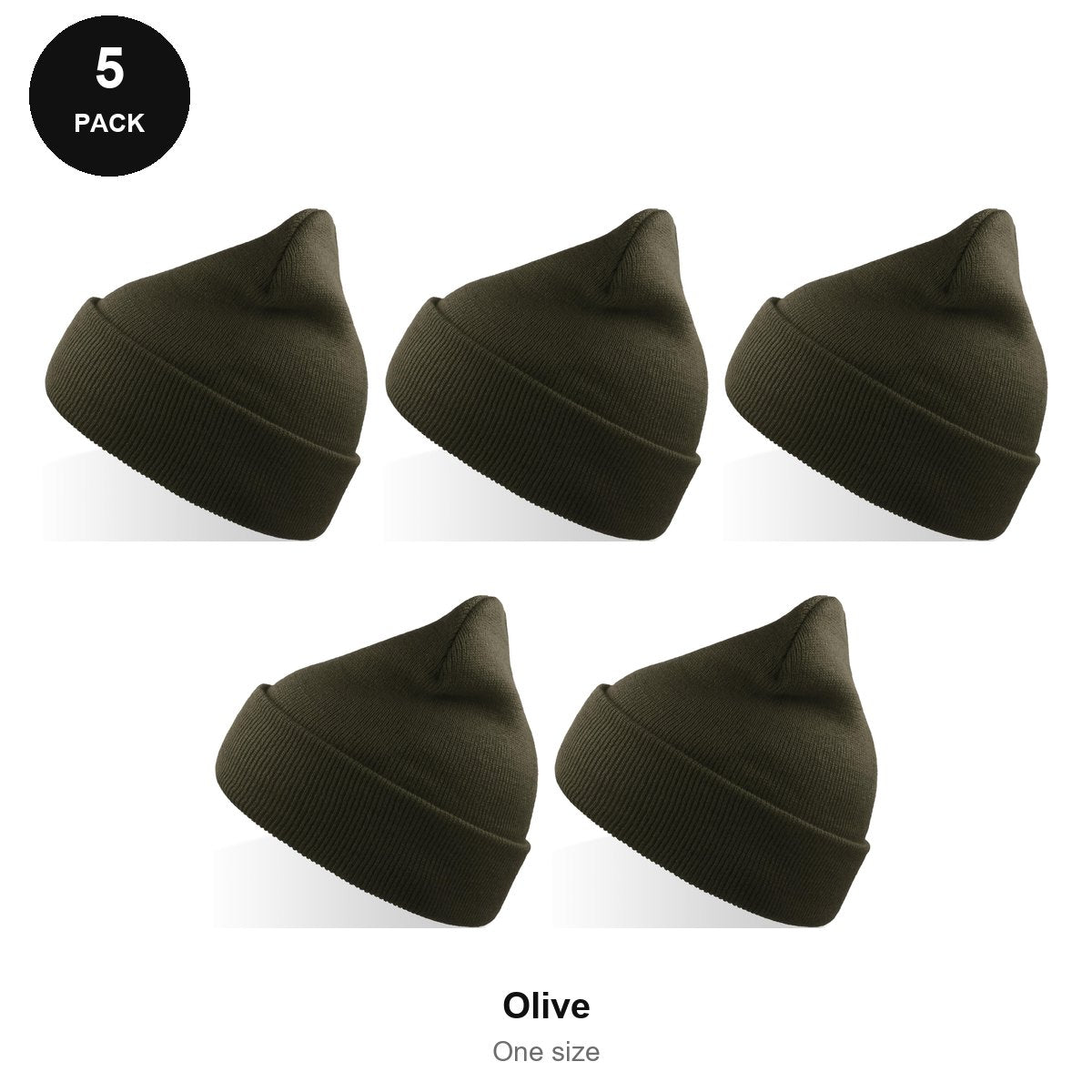 Beanie Hats 5 Pack - 100% recycled polyester knit, One Size - Olive