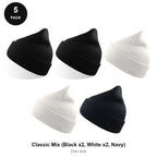 Beanie Hats 5 Pack - 100% recycled polyester knit, One Size - Classic Mix (Black x2, White x2, Navy)