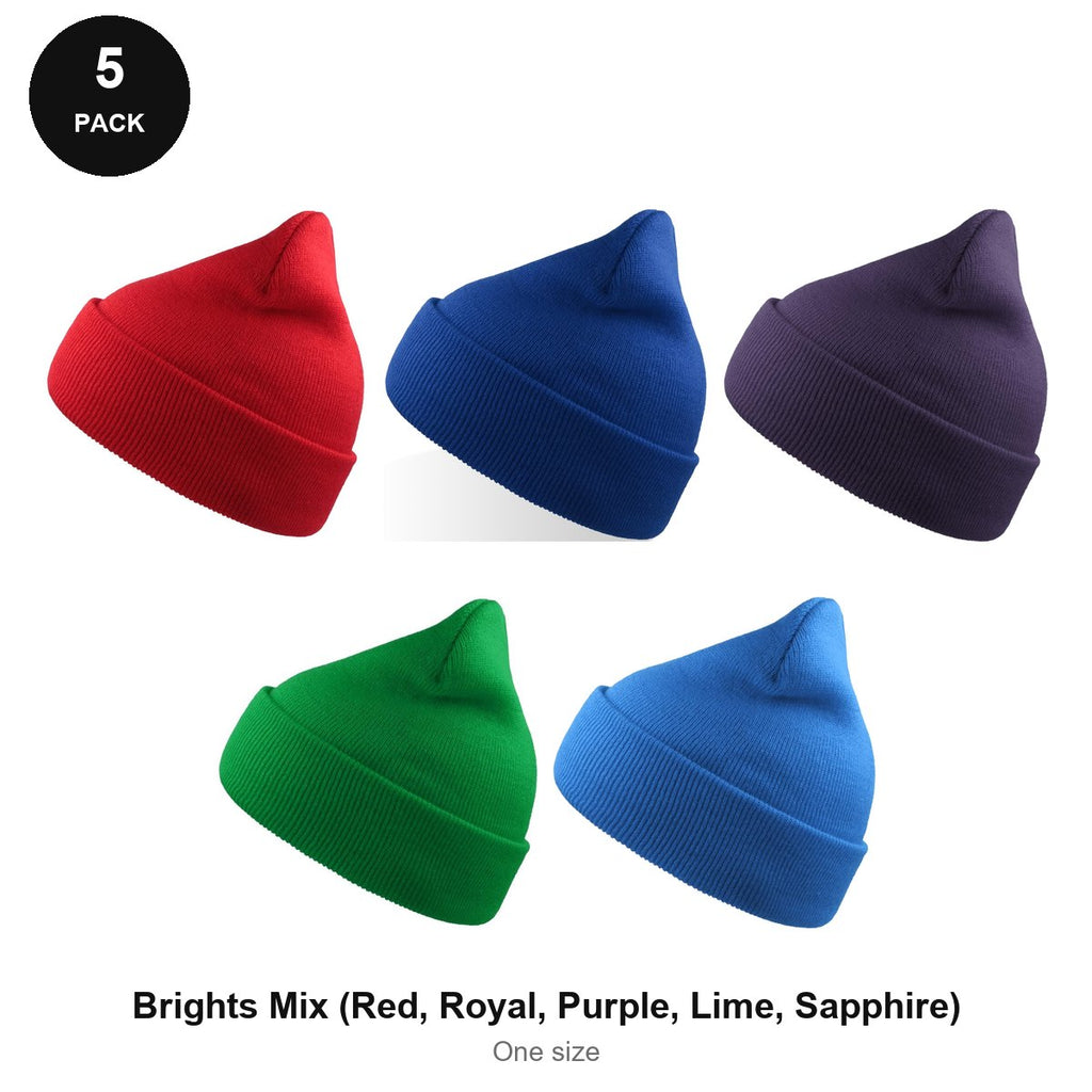 Beanie Hats 5 Pack - 100% recycled polyester knit, One Size - Brights Mix (Red, Royal, Purple, Lime, Sapphire)