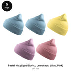 Beanie Hats 5 Pack - 100% recycled polyester knit, One Size - Pastel Mix (Light Blue x2, Lemonade, Liliac, Pink)
