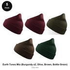 Beanie Hats 5 Pack - 100% recycled polyester knit, One Size - Earth Tones Mix (Burgundy x2, Olive, Brown, Bottle Green)