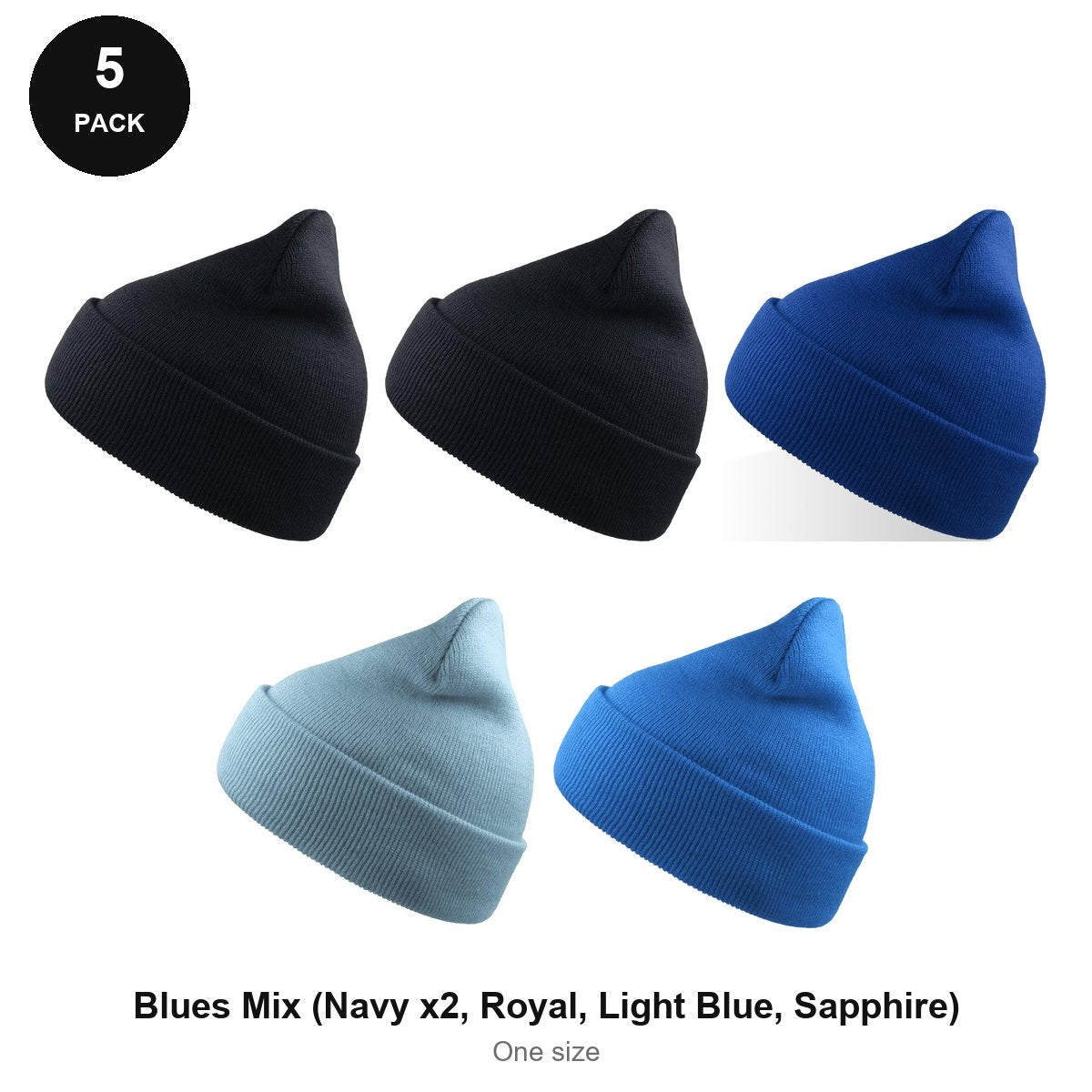 Beanie Hats 5 Pack - 100% recycled polyester knit, One Size - Blues Mix (Navy x2, Royal, Light Blue, Sapphire)